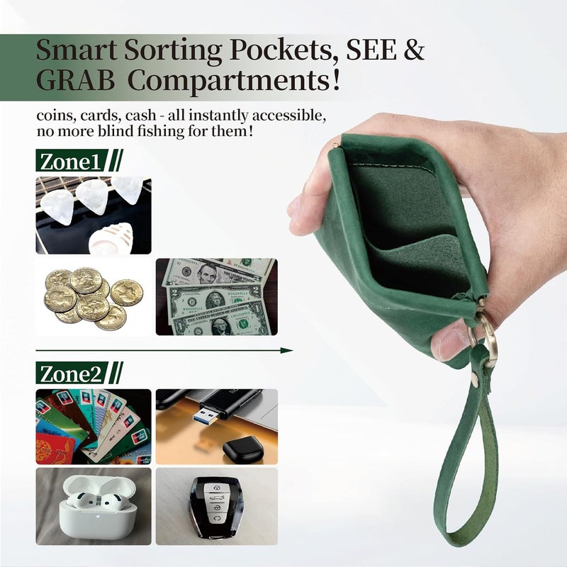 Aesthestyle Leather Coin Purse with Wristlet, Coin Pouch with Dual Interlayer, Card and Change Organizer, Change Purse no Zipper, Squeeze Coin Wallet, Handmade Genuine Leather Pouch For Men/Women - Image 2